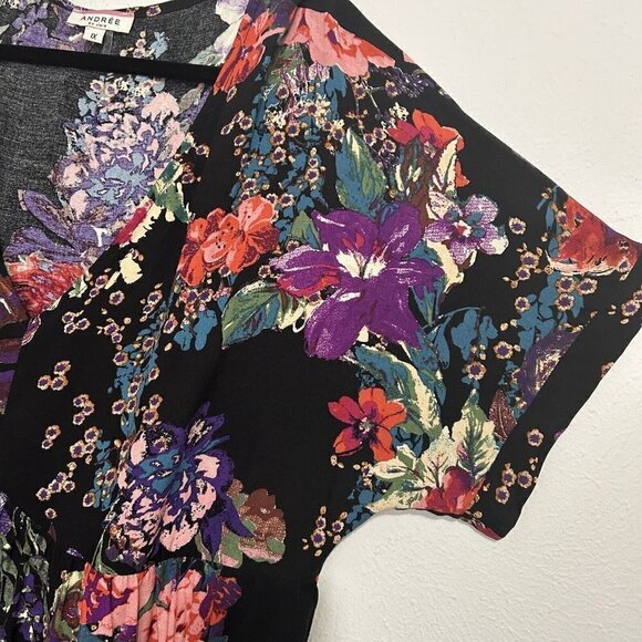 Andree By Unit Black Pink Floral Babydoll Dress Size 1X Short Sleeve V Neck - Picture 7 of 11